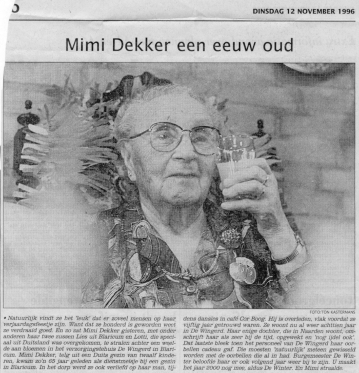 krantenartikel Mimi Dekker 100 jaar