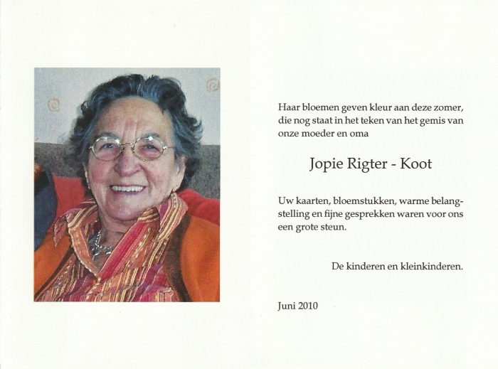 Jopie Rigter-Koot 1929 - 2010