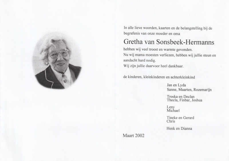 Gretha van Sonsbeek-Hermanns 1908 - 2002