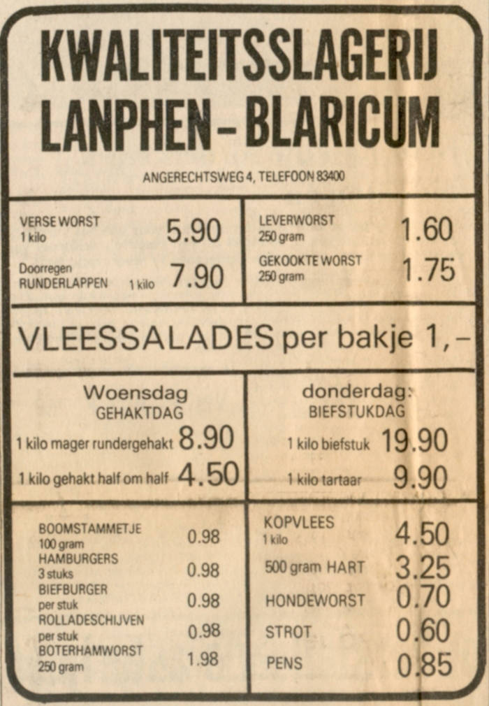 advertentie Slagerij Lanphen